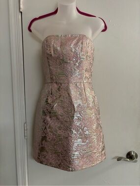 Strapless Pink Metallic Brocade Mini Dress